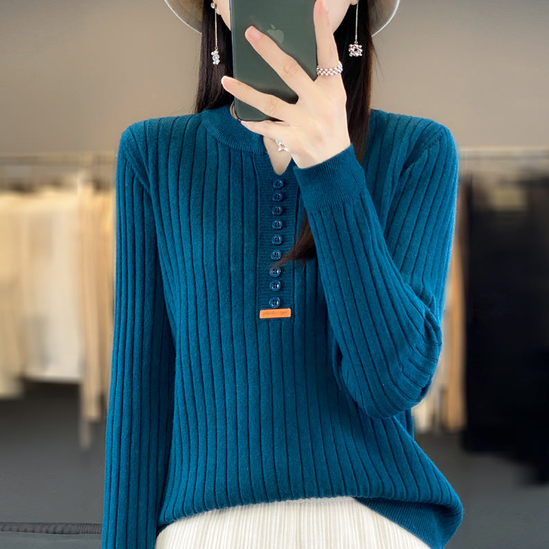 Long Sleeve Round V-neck Sweater Solid Color