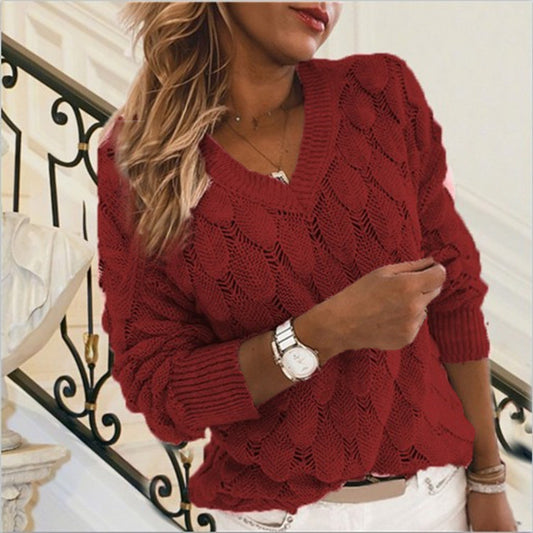 Knitted Sweater With Feather Detailing Hollow Out Design V Neck And Long Sleeves
