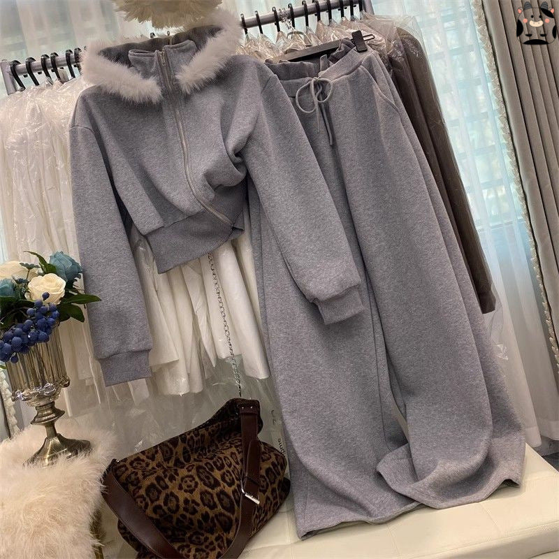 Gray Hooded Coat Fur Collar Fleece Sweater