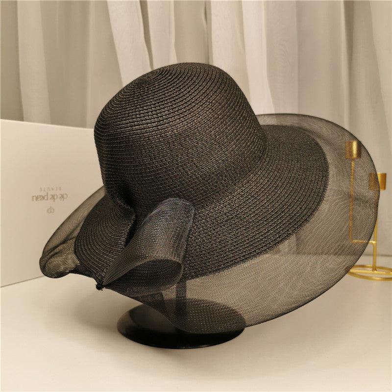 Mesh Big Brim Bow Papyrus Hat