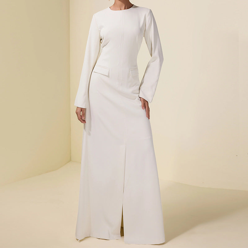 Womens Crew-Neck Long-Sleeve Slit Simple Slim-Fit Elegant Maxi Dress