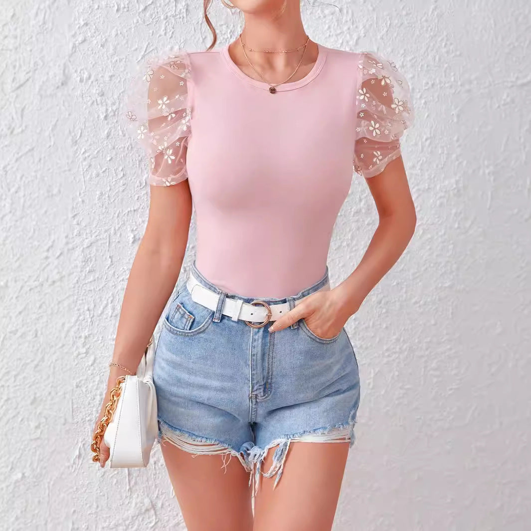 Puff Short Sleeve Solid Color Slim-fit T-shirt With Round Neck