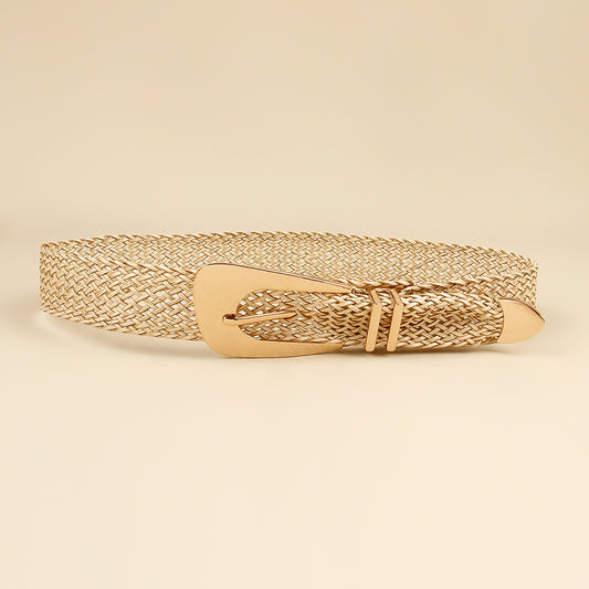 Summer New Ladies Belt PP Grass Gold Hand-woven Belt with Irregular Metal Buckle Waist Seal