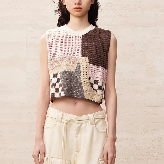 Summer New Irregular Stitching Hollow-out Short Round Neck Knitted Vest