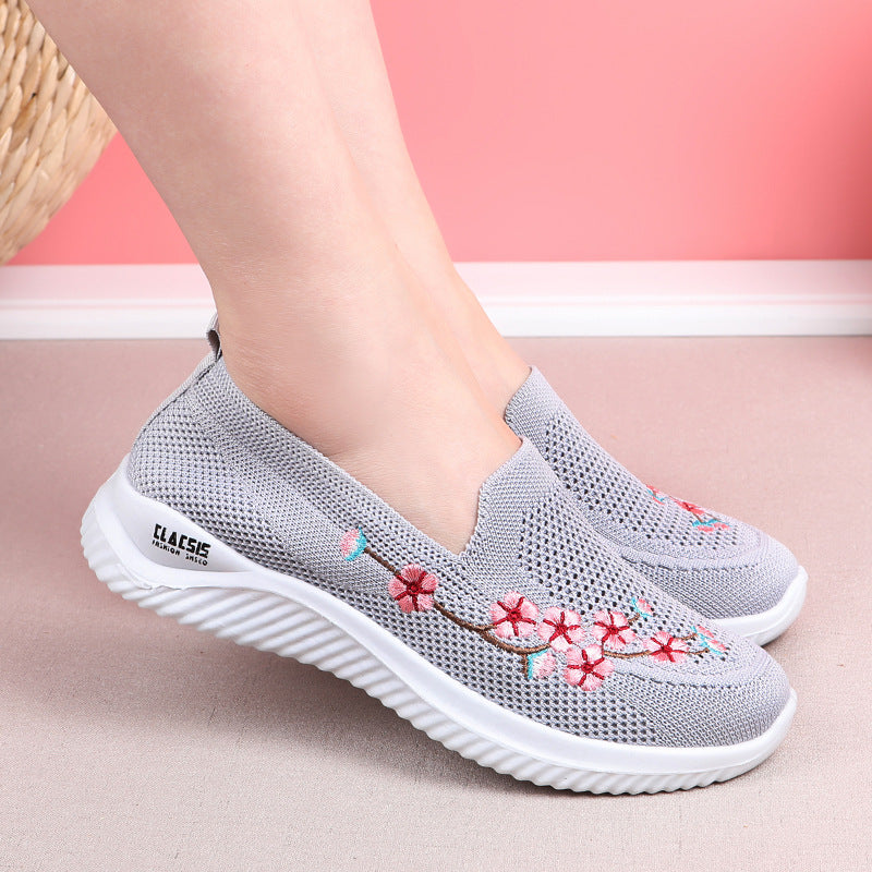 Flower Embroidery Flats Summer Walking Shoes Women's Mesh Breathable Casual Shoes
