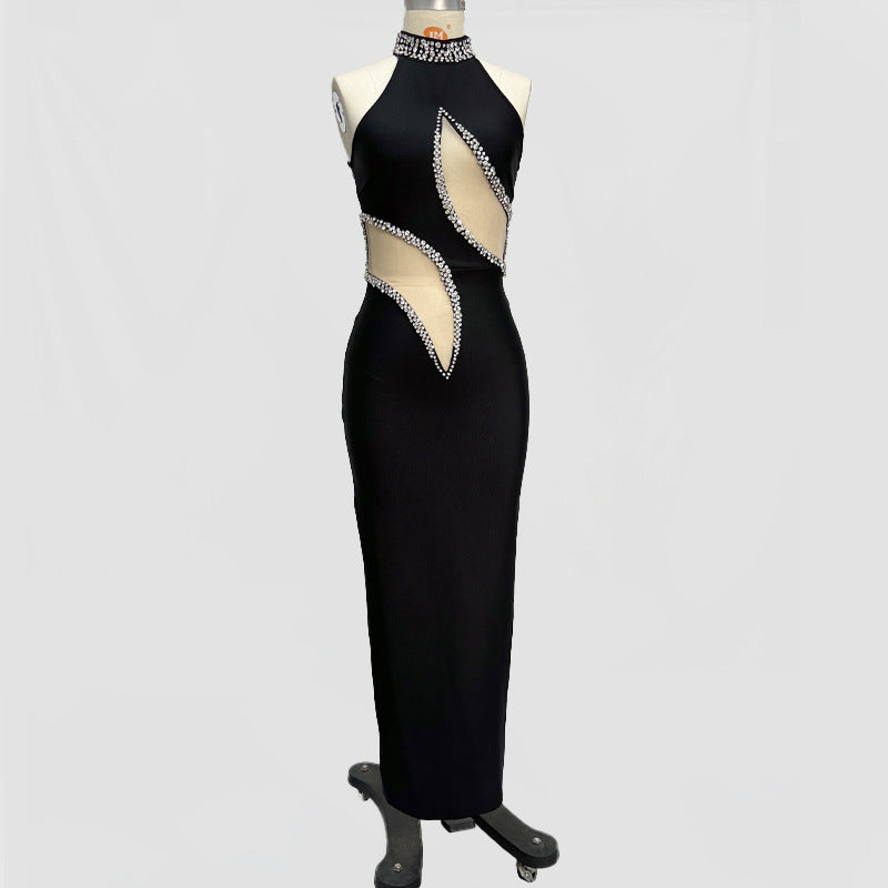 New Sleeveless Mesh Bandage Dress With Sparkling Rhinestones For Evening Occasions