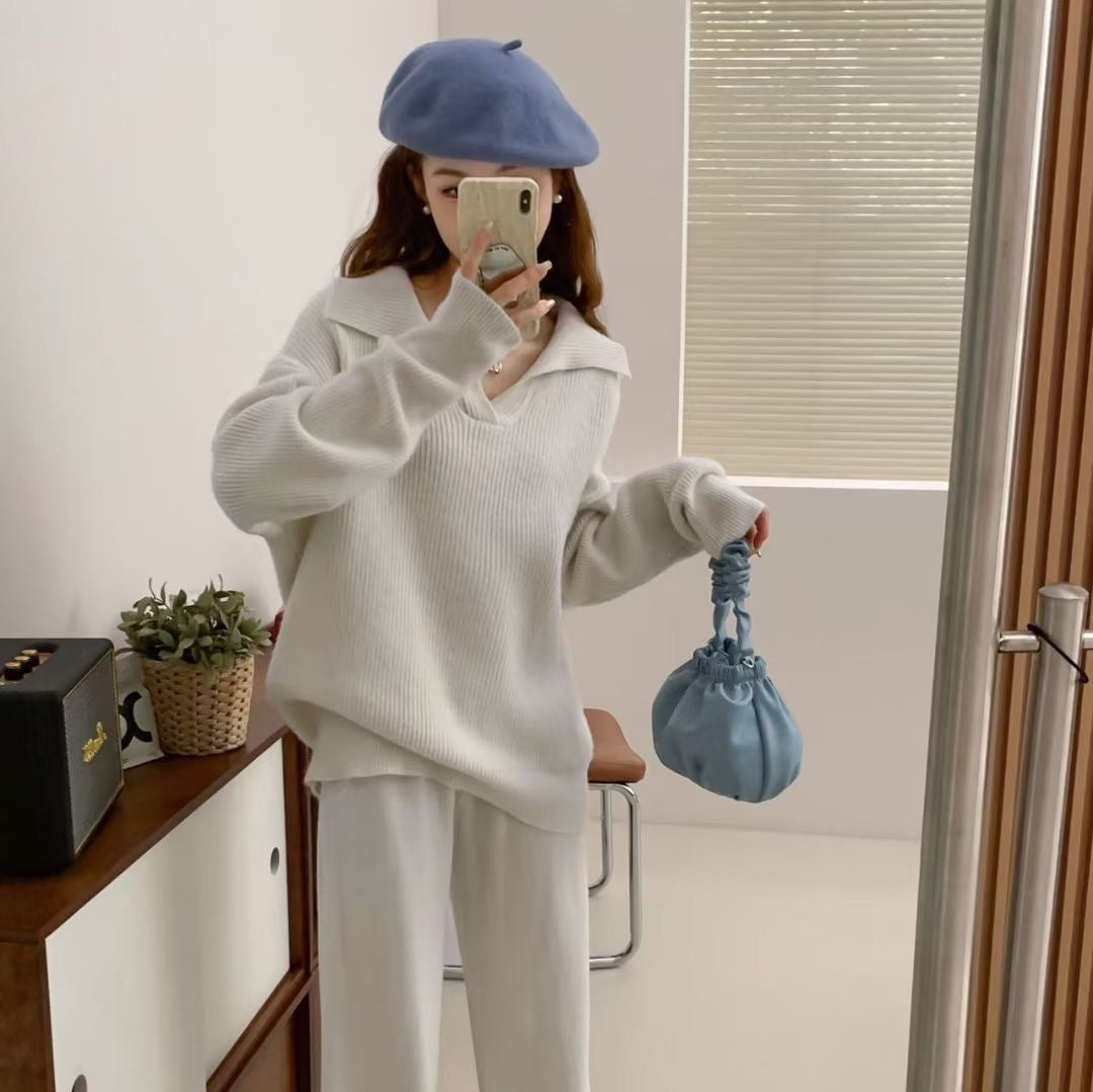 Women's High-grade Lapel Sweater Wide-leg Pants Suit
