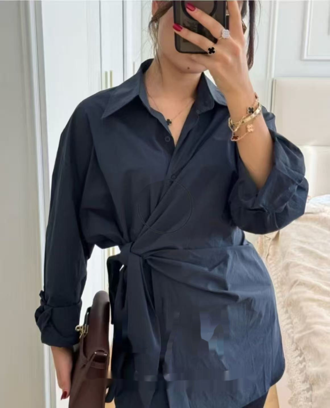 Turn-down Collar Single-breasted Tie-waist Slimming Shirt