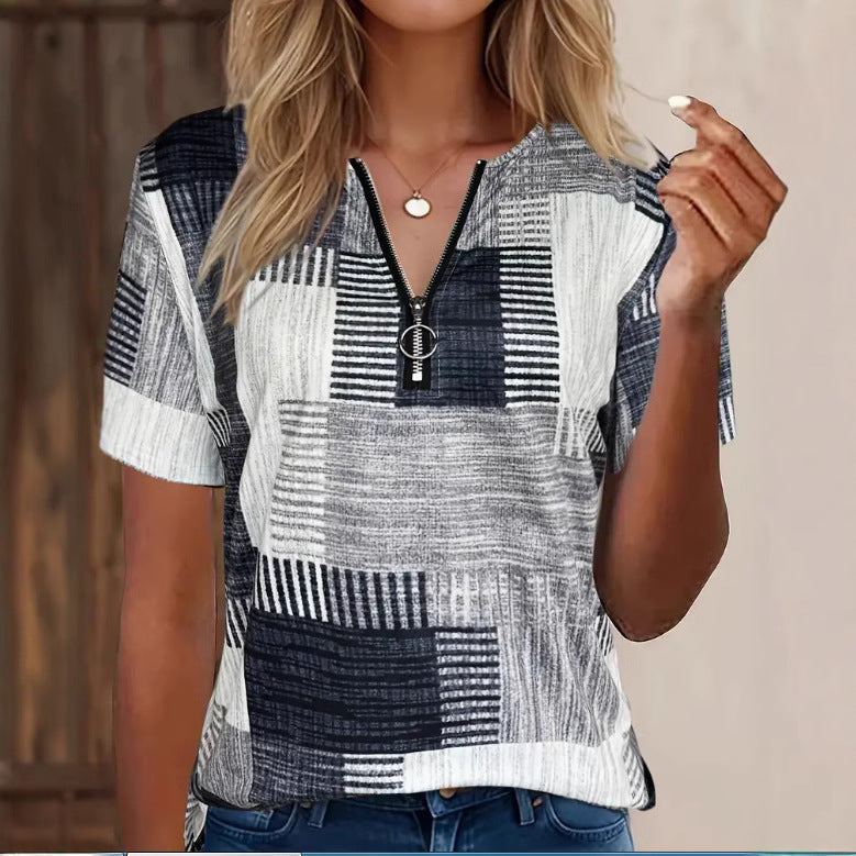Sale Women's Casual Contrast Color Zipper Short Sleeve Round Neck