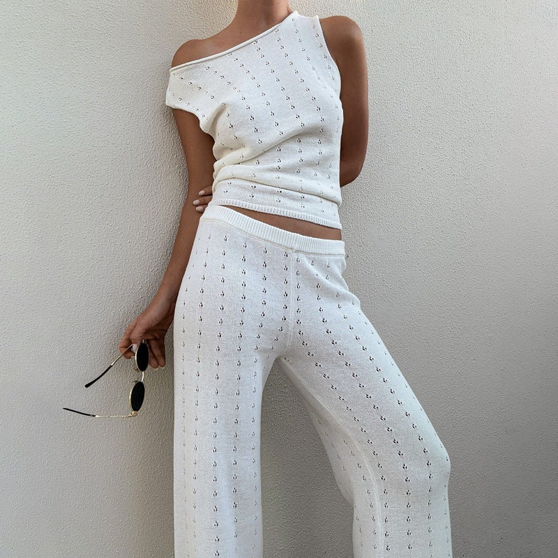 Sleeveless Tank Top And Casual Pants Knitted Womens Set