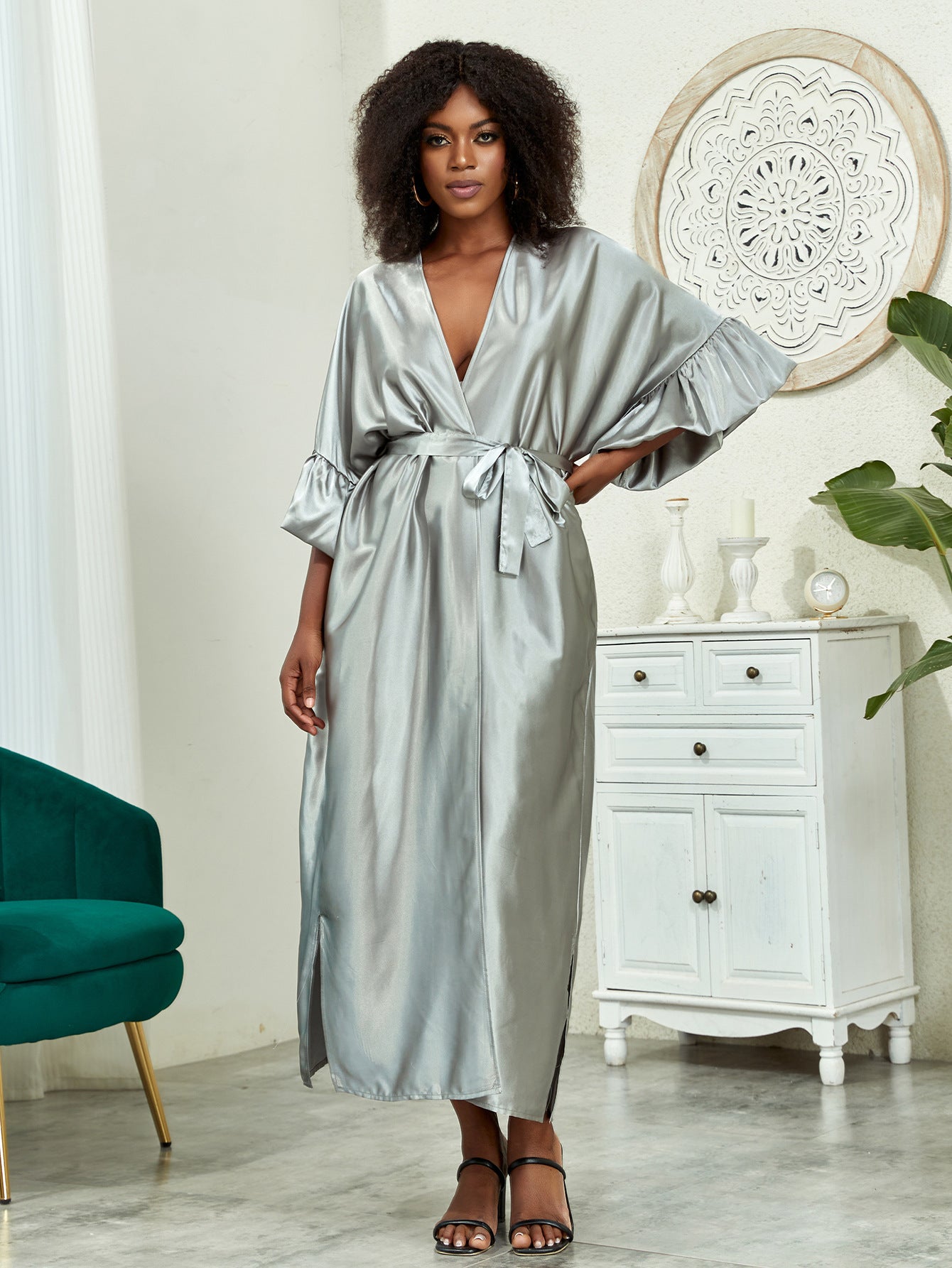 Dame Plus-Size Satin Langærmet Kjole
