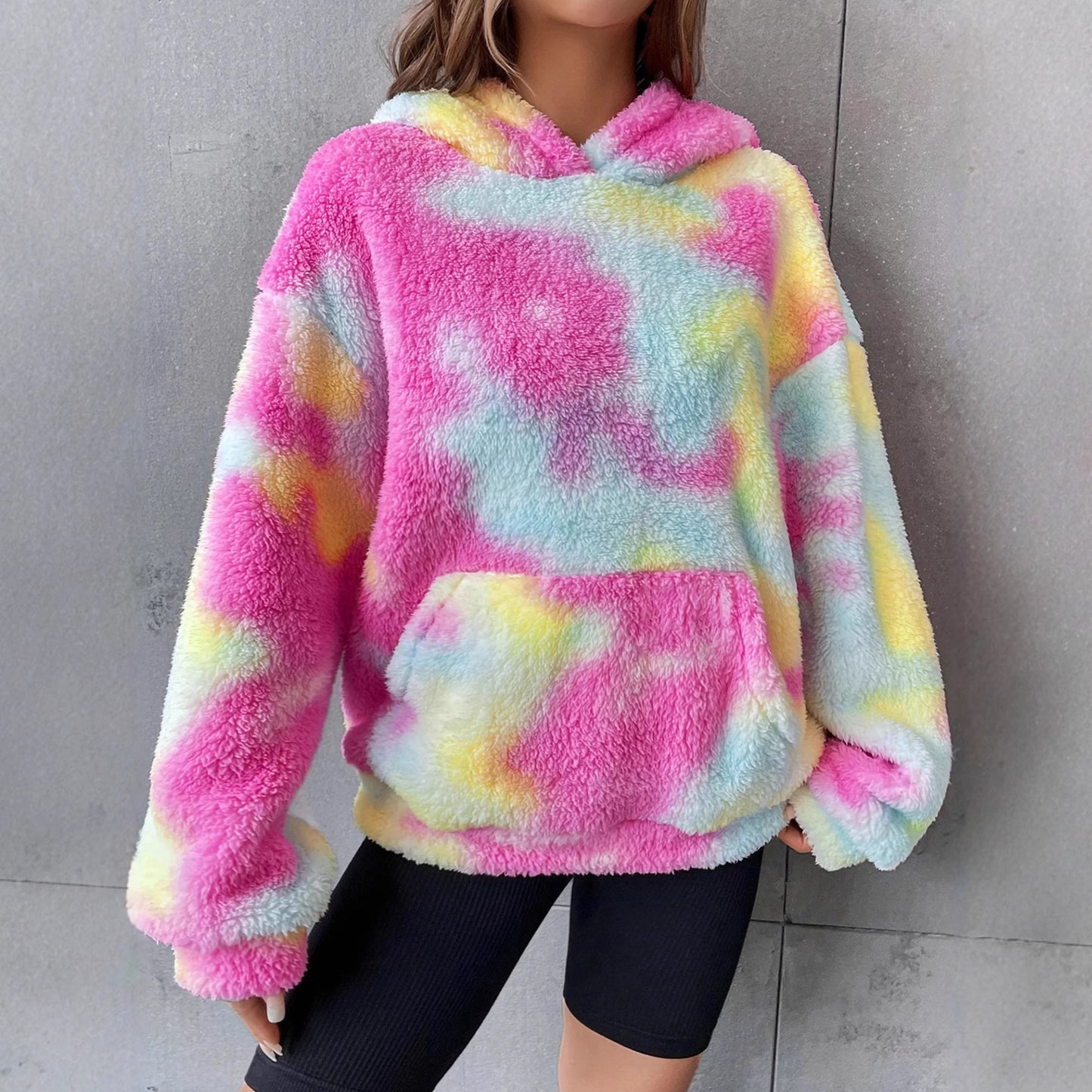 Alsidig tie-dye-farvet hættetrøje med lomme og plysfor