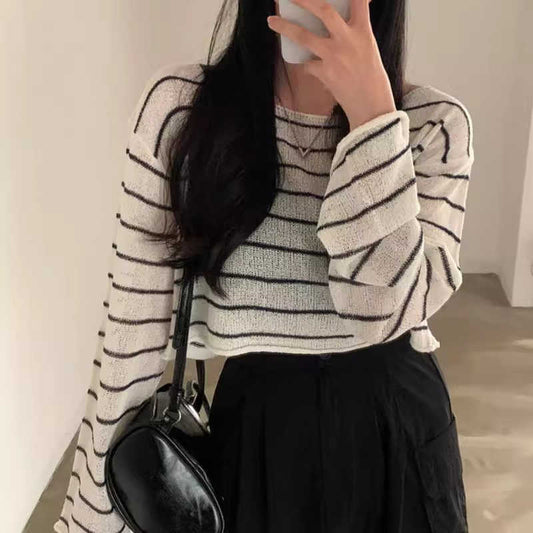 Off-neck Striped Ice Silk Sweater Loose Thin Type Sunscreen Blouse