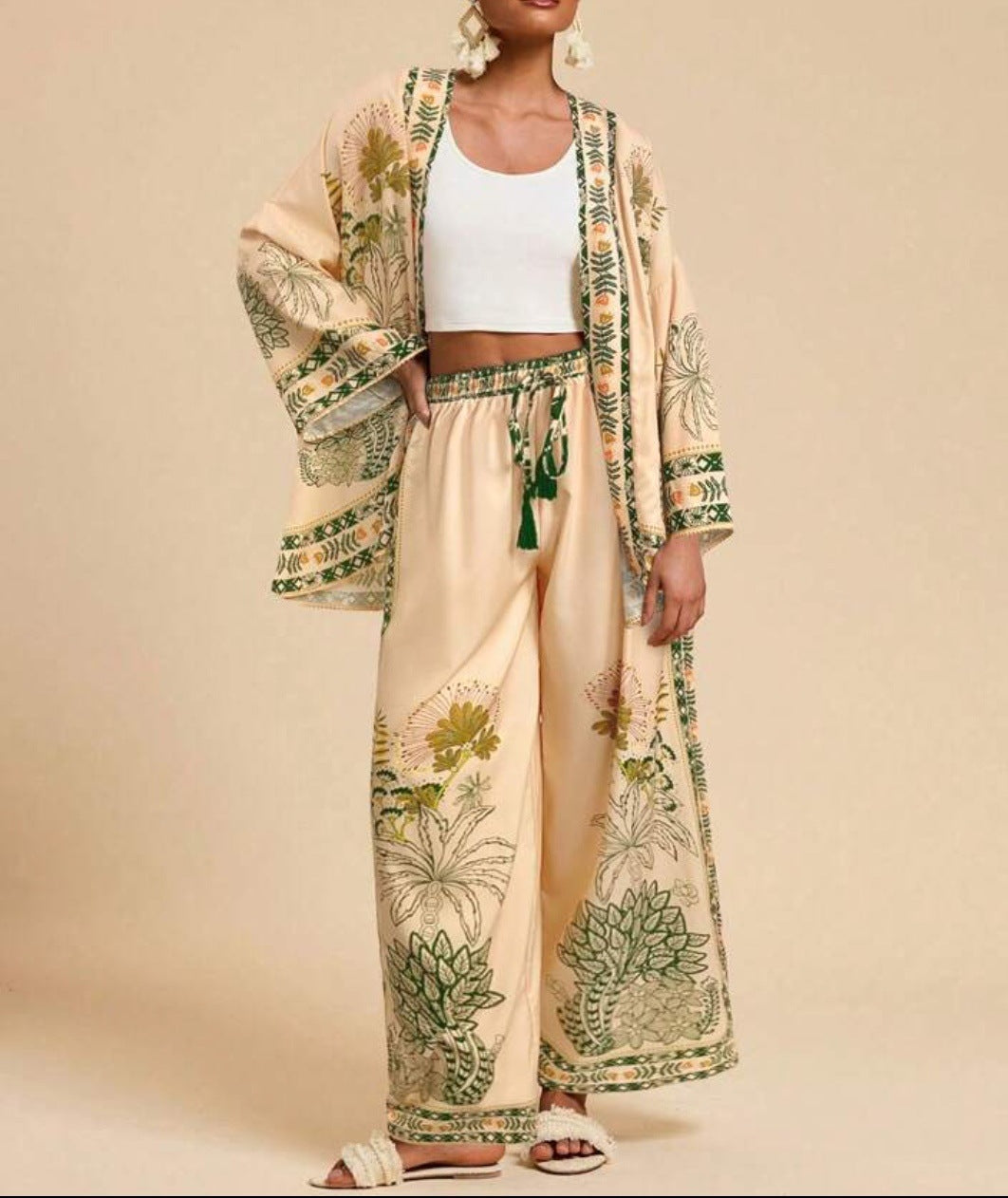Fashion Vacation Style Printed Cardigan Long Sleeve Wide Leg Pants Two-piece Set