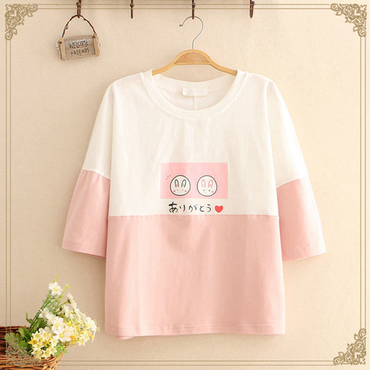 Color Combination Of Two Circle Rabbit Round Neck Short-sleeved T-shirt