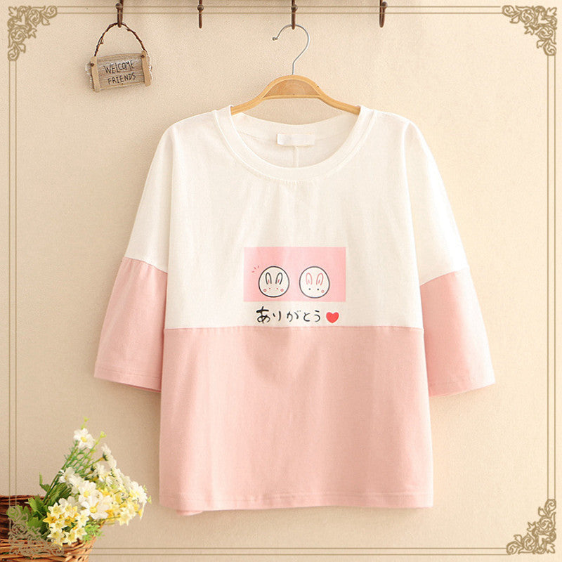 Color Combination Of Two Circle Rabbit Round Neck Short-sleeved T-shirt