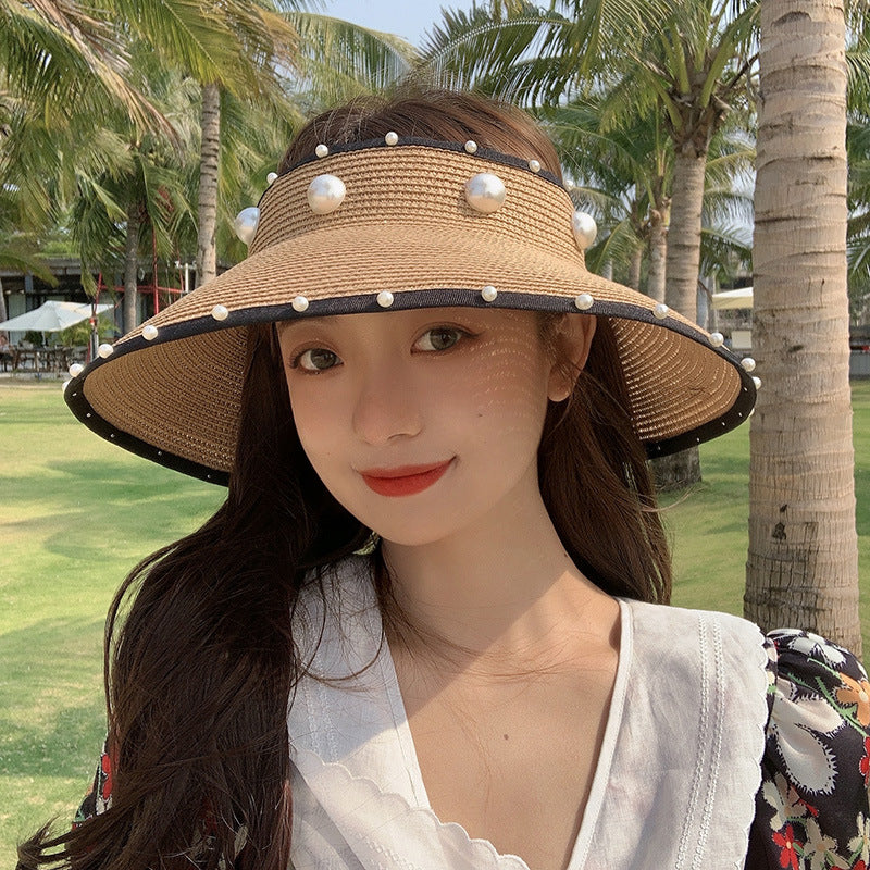 Straw Sun Protection Simple Empty Top Pearl Topless Sun Hat
