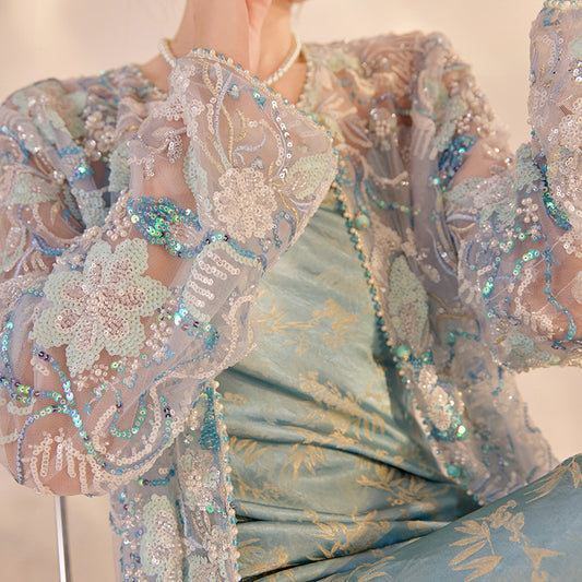 Chinese Embroidery Sequined Round Neck Top Pearl Embroidery Coat