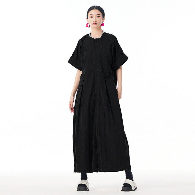 Fashion Large Buttons Round Neck Short Sleeve Cargo Overalls Summer