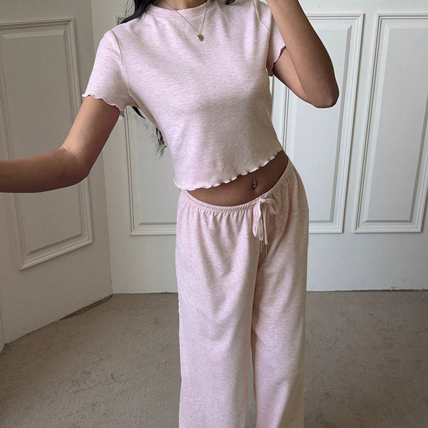 Plain Pink Striped Top And Pants Womens Pajama Set
