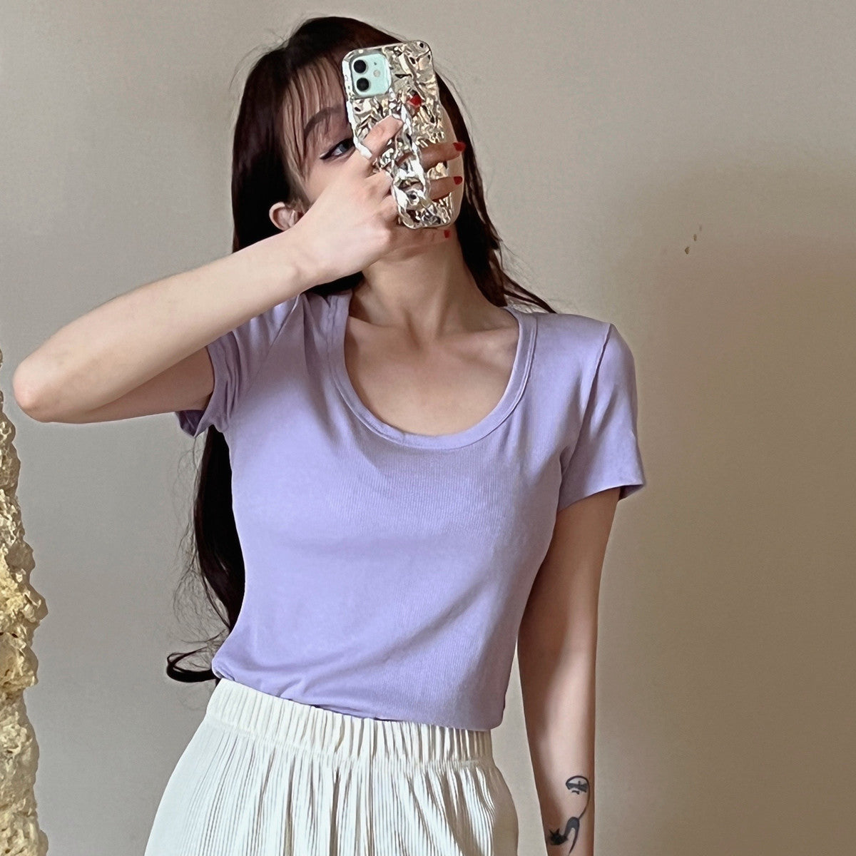 Threaded Cotton Short  T-Shirt Versatile Round Neck Half Sleeve Top