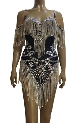 Catwalk Rhinestone Fringed Mesh Stretch Thin Latin Dance One-piece