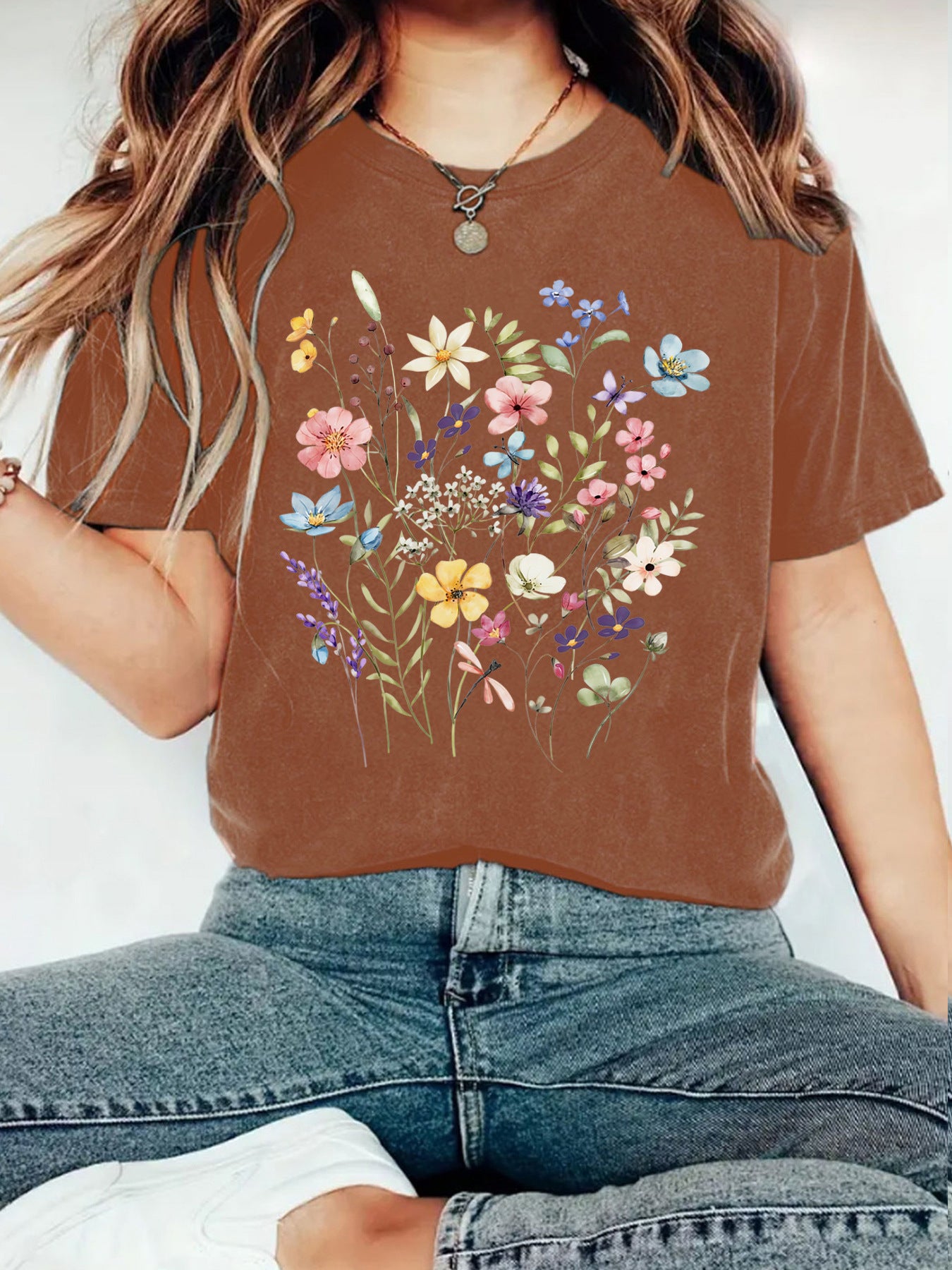 Elegant T-shirt With Floral Print, Women's Short-sleeve