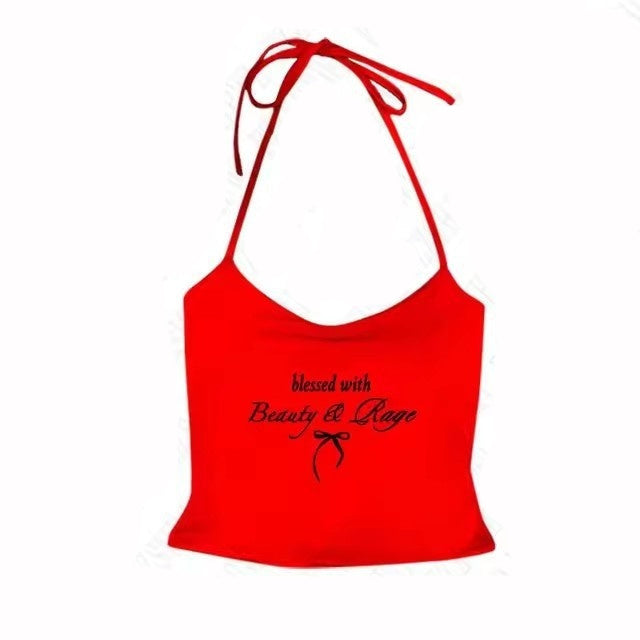 Bow Print Halter Thin Strap Top
