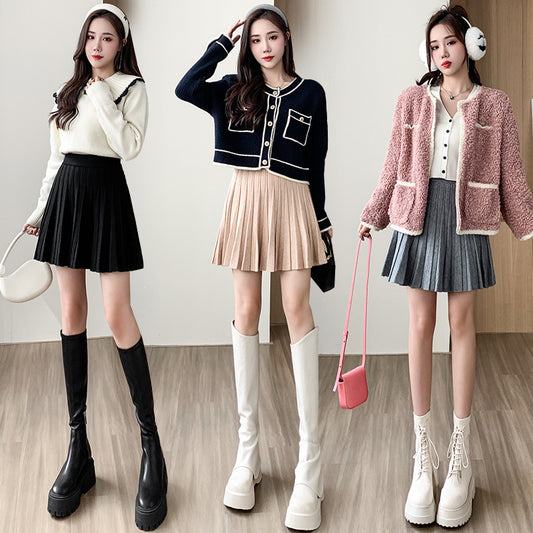 Knitted High Waist Slimming All-matching A- Line Pleated Half-length Wool Pettiskirt