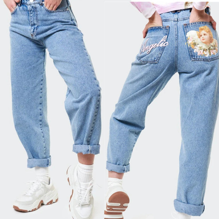 Female angel print loose and thin high waist all-match denim harem pants
