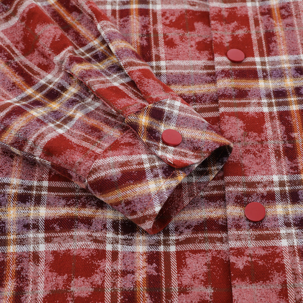 Spring And Autumn Plaid Colorblock Hooded Shirt Coat