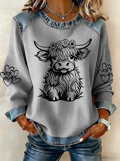 Retro Loose-fitting Pullover With A Printed Crew Neck