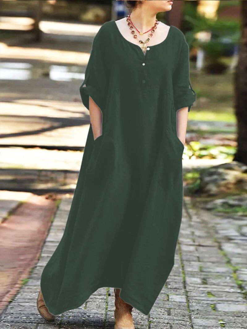 Casual Loose Cotton And Linen Dress For Women