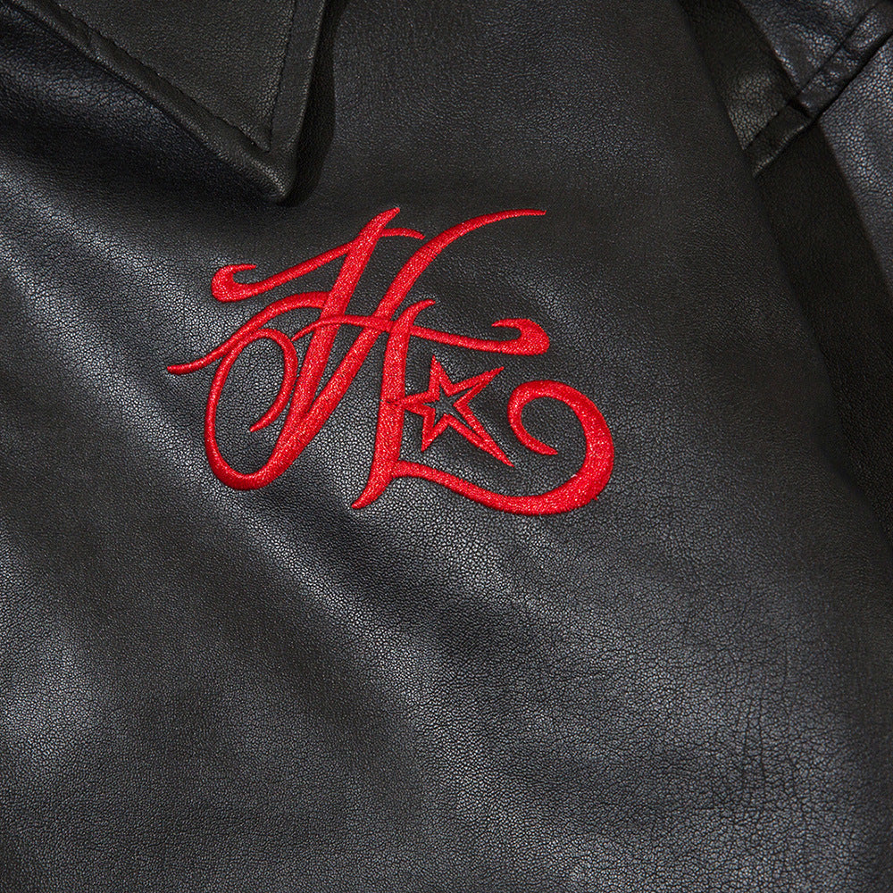 Letter Embroidered Lapel Leather Coat Loose Men