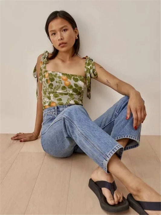 French Vintage Sweet Print Camisole Slim Fit Cropped Tank Top