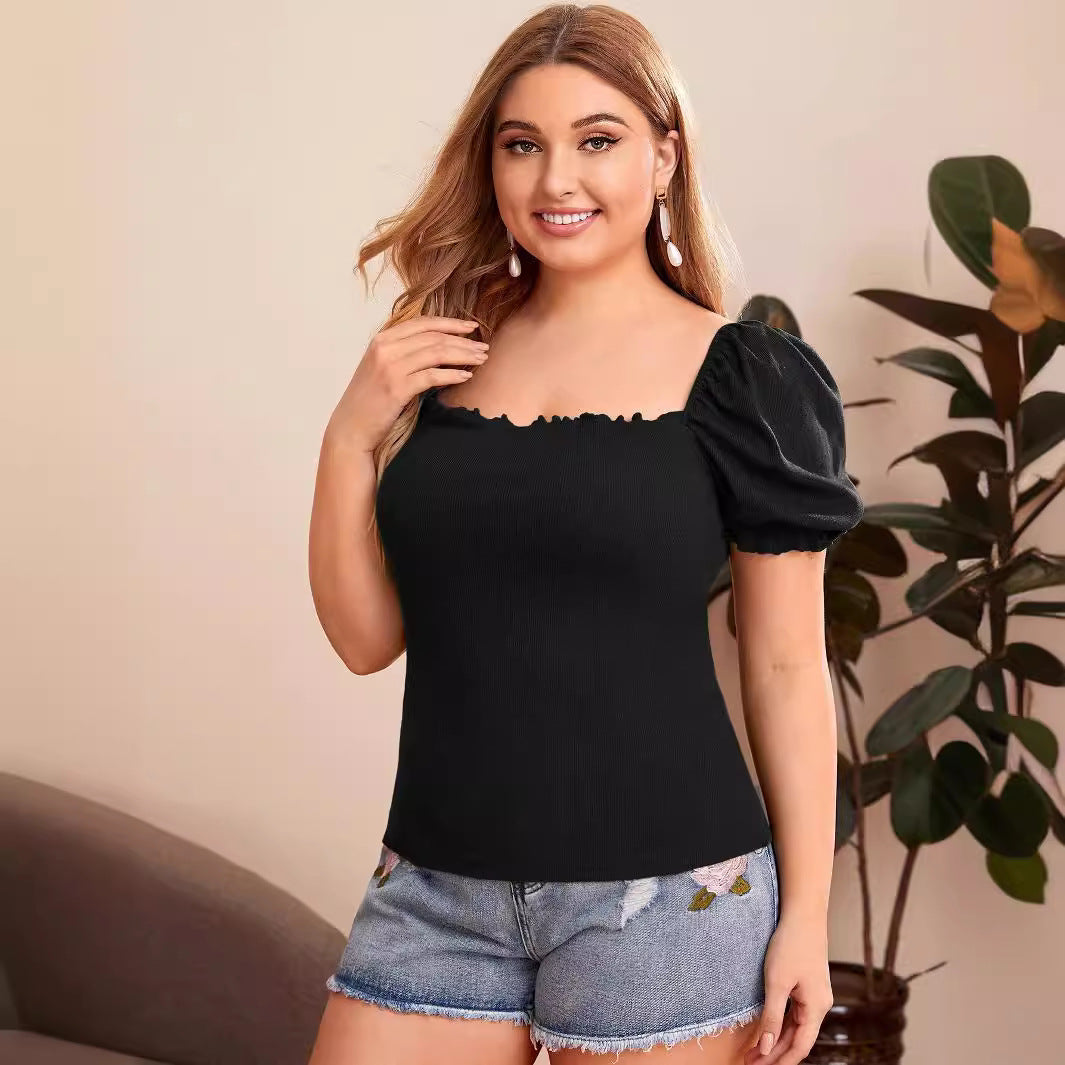 Elegant Style Puff Sleeve Square Neck Solid Color Short Top