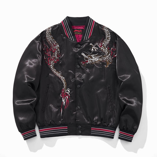 Heavy Duty Embroidered Casual Dragon Pattern Baseball Jacket