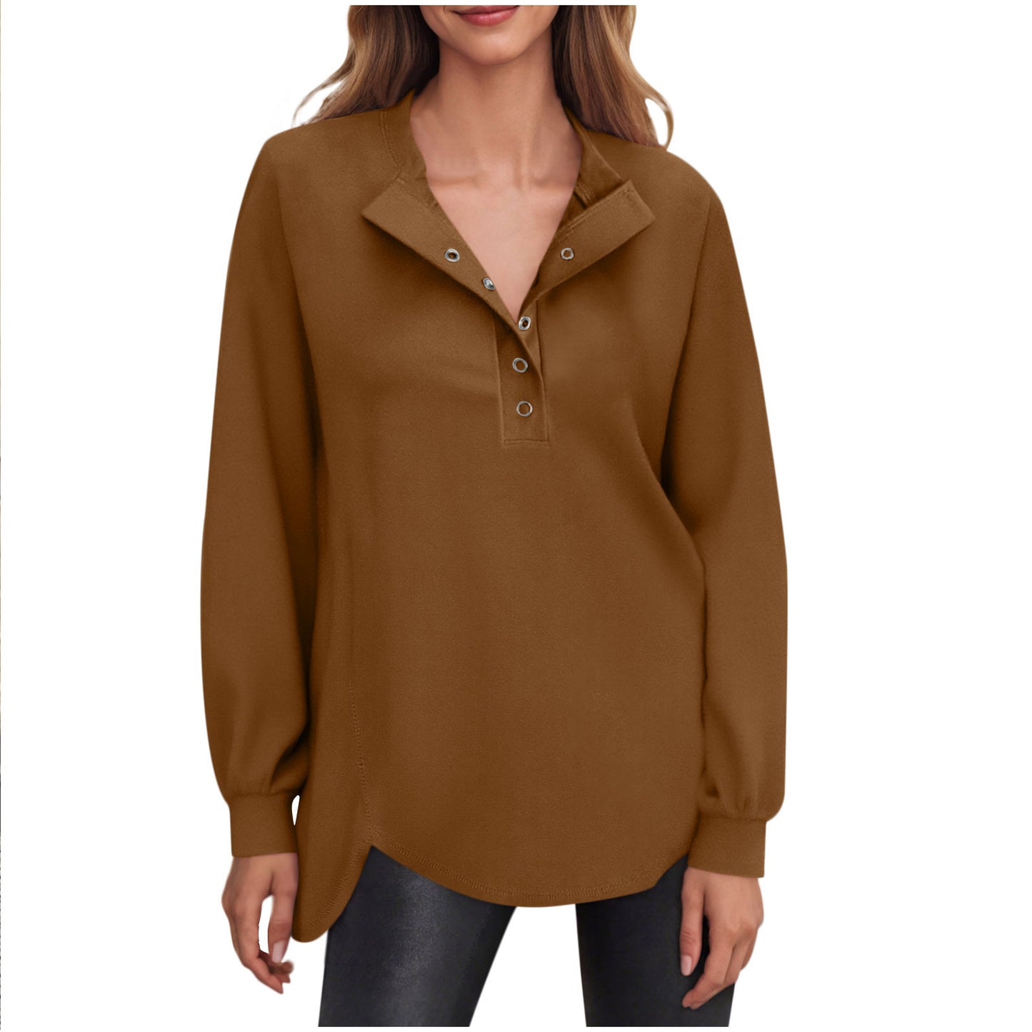 Dame Casual Ensfarvet Rund Hals Bluse med Knapper og Lange Ærmer