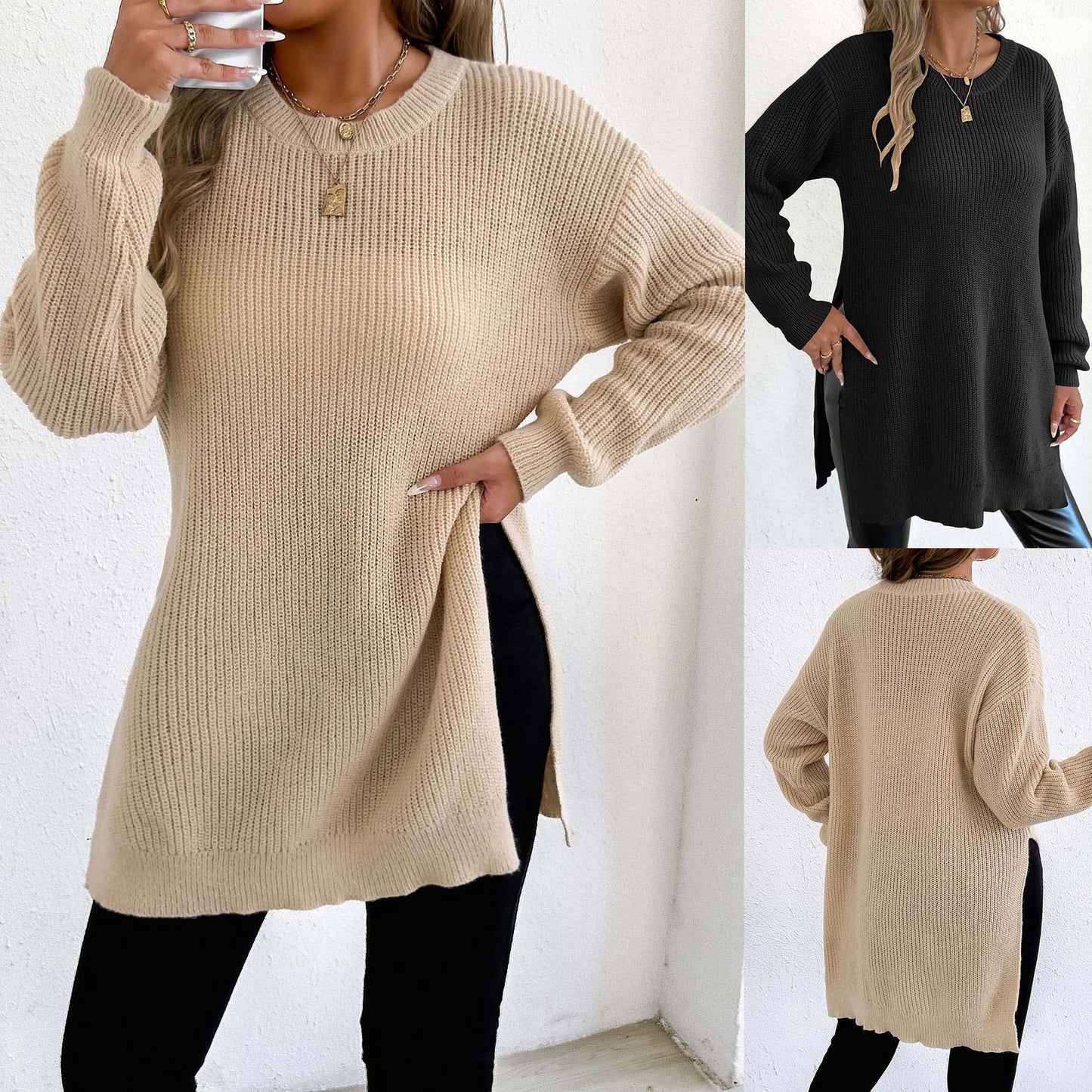 Crew-neck Pullover Slit Design Machine-knit Casual Sweater