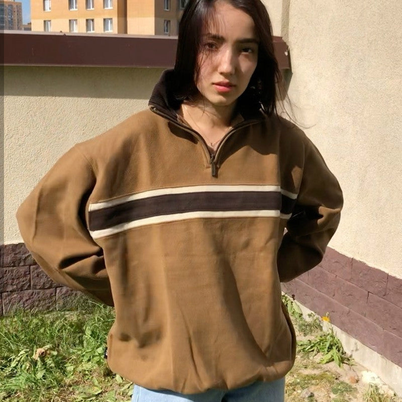Women's American Retro Brown Patchwork Hoodless Stand Collar Pullover Sweatshirt