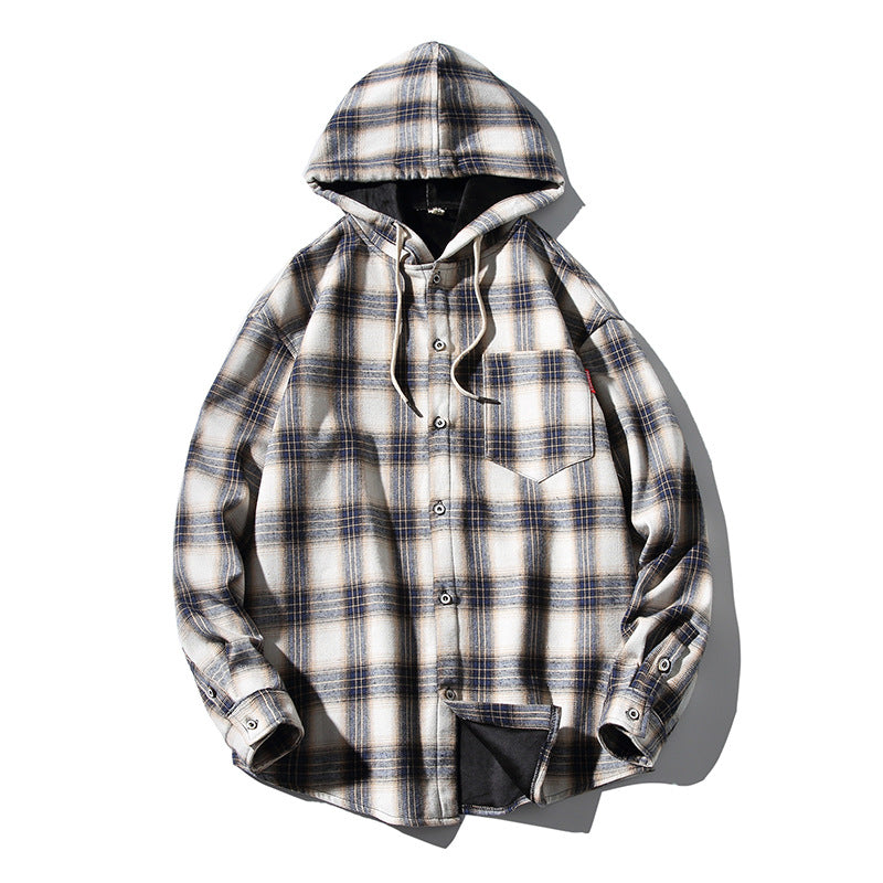 Size Black Wall Plaid Hooded Plus Velvet Thick Warm Shirt