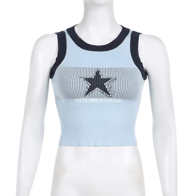 Star Contrast Color Vest Sleeveless Slimming Short Top