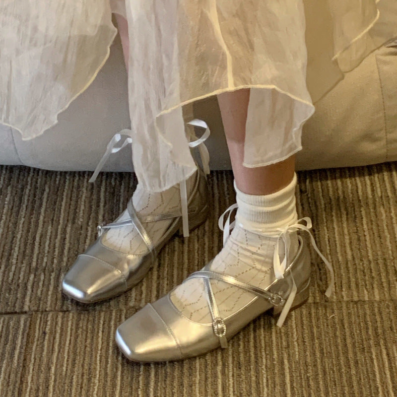 Silver Ballet French Mary Jane Square Toe Low Heel Shoes