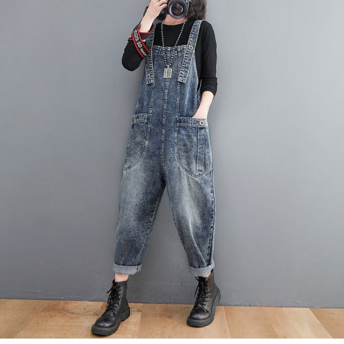 Kvinders litterære og kunstneriske denim-overalls, retro, plus size, løse