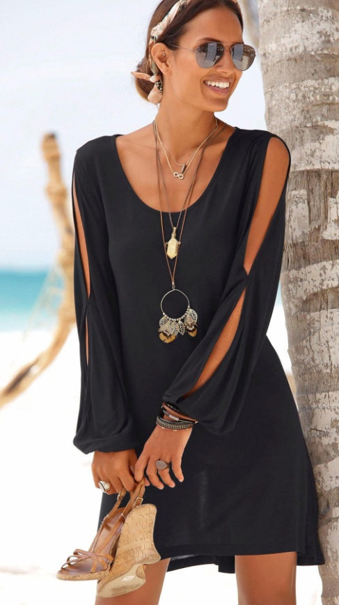 Dress Deep V-neck Loose Shoulder Long Sleeve Casual Beach Dress
