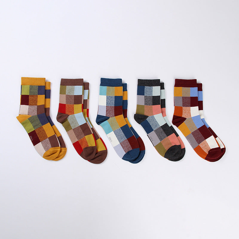 Color Plaid Men's Socks Cotton Korean Style Tube Socks