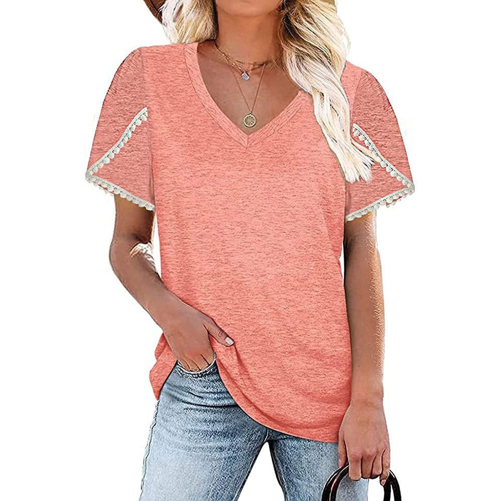 V-neck Lace Short-sleeved Shirt Loose Color Cotton Petal-sleeved T-shirt