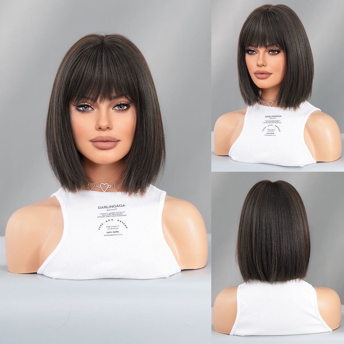 Black Short Hair Bobhaircut Straight Bangs Chemical Fiber Wig