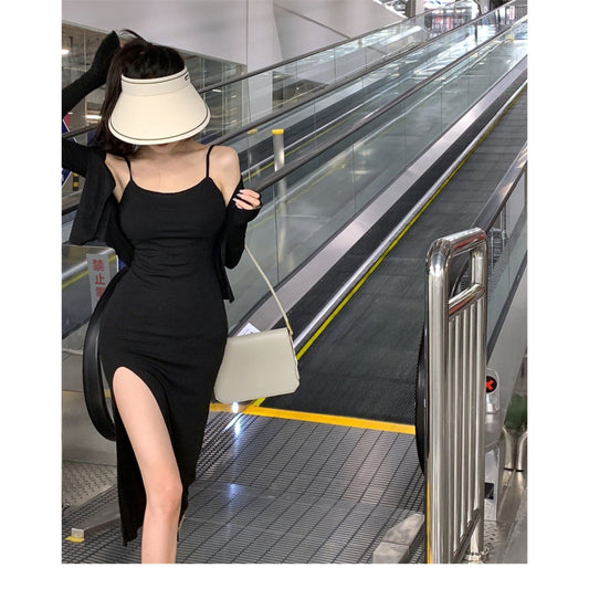 Strap Sheath Dress And Long-sleeve Cardigan Fashionable Two-piece Set