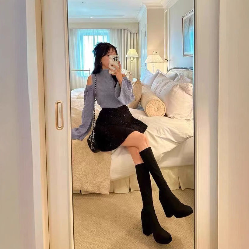 Lace-up Turtleneck Off-the-shoulder Tie-neck Flared Sleeves Sweater